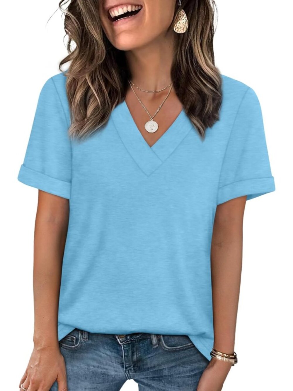 🆕Women's Blue Summer Tops Short Sleeve Basic Casual V Neck T Shirts Trendy